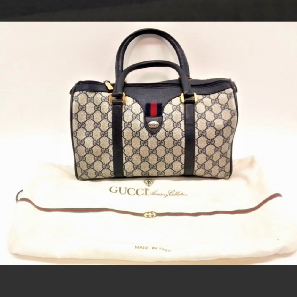 Gucci Beige GG Canvas Boston Bag with Black Leather and Red-Blue Web - Picture 1 of 10